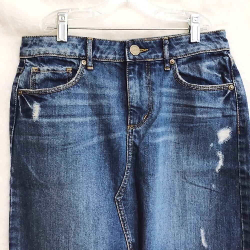 LOFT Medium Wash Distressed Denim Skirt with Front Slit - Picture 8 of 8